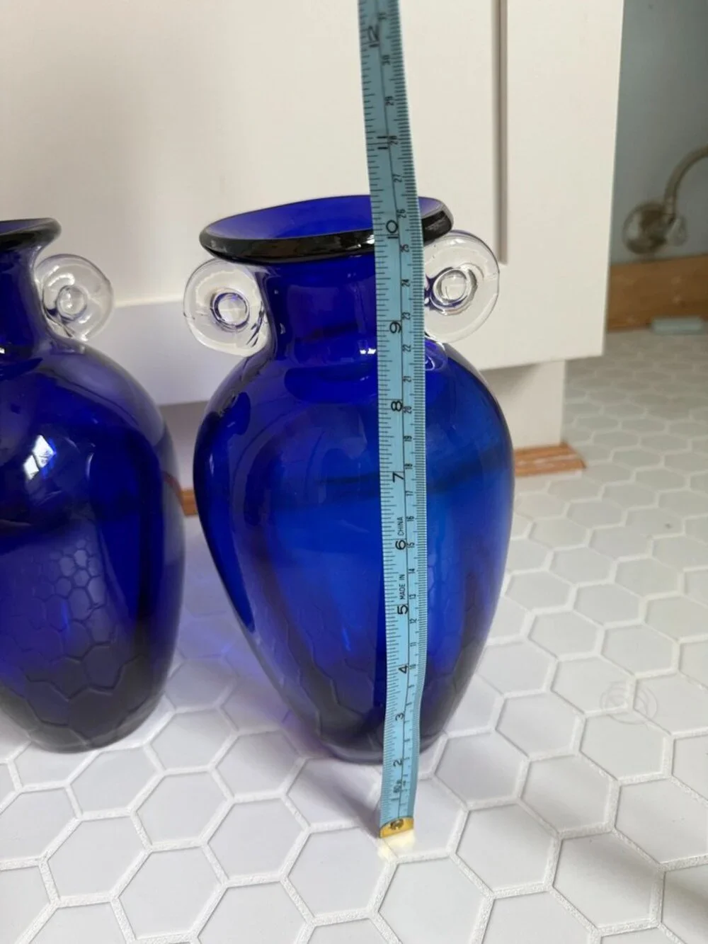 Vintage Pair Cobalt Blue Art Glass Vases 10